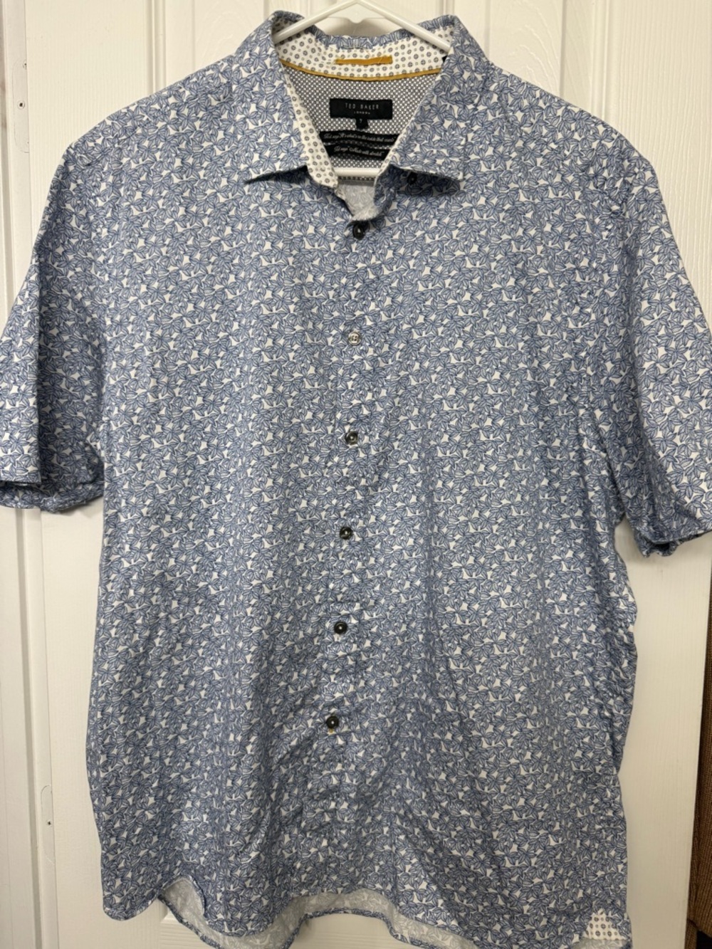 Ted Baker Blue and White Micro Floral Short Sleeve Button-Down Shirt